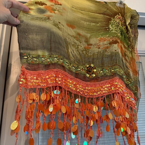 Sue Wong 100% Silk Scarf Shawl Large Green Orange Sheer Lace Hand Beaded New #6 - Picture 1 of 16